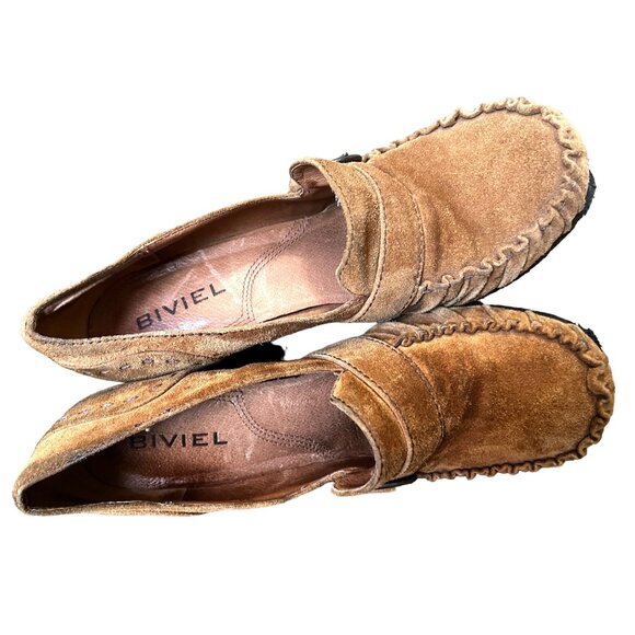 Biviel Brown Leather Wedge Loafers Sz 7 (38 EU) Womens 4" Heel w/ Side Buckle - Picture 7 of 13